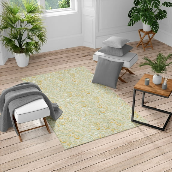 Vintage Turkish Area Rug, Classic Floral Swirling and Curving Victorian Pattern Embossing Effect Branches, Soft Carpet for Living Room Decor with Distressed Look, 5.2' X 7.6', Marigold, by Ambesonne