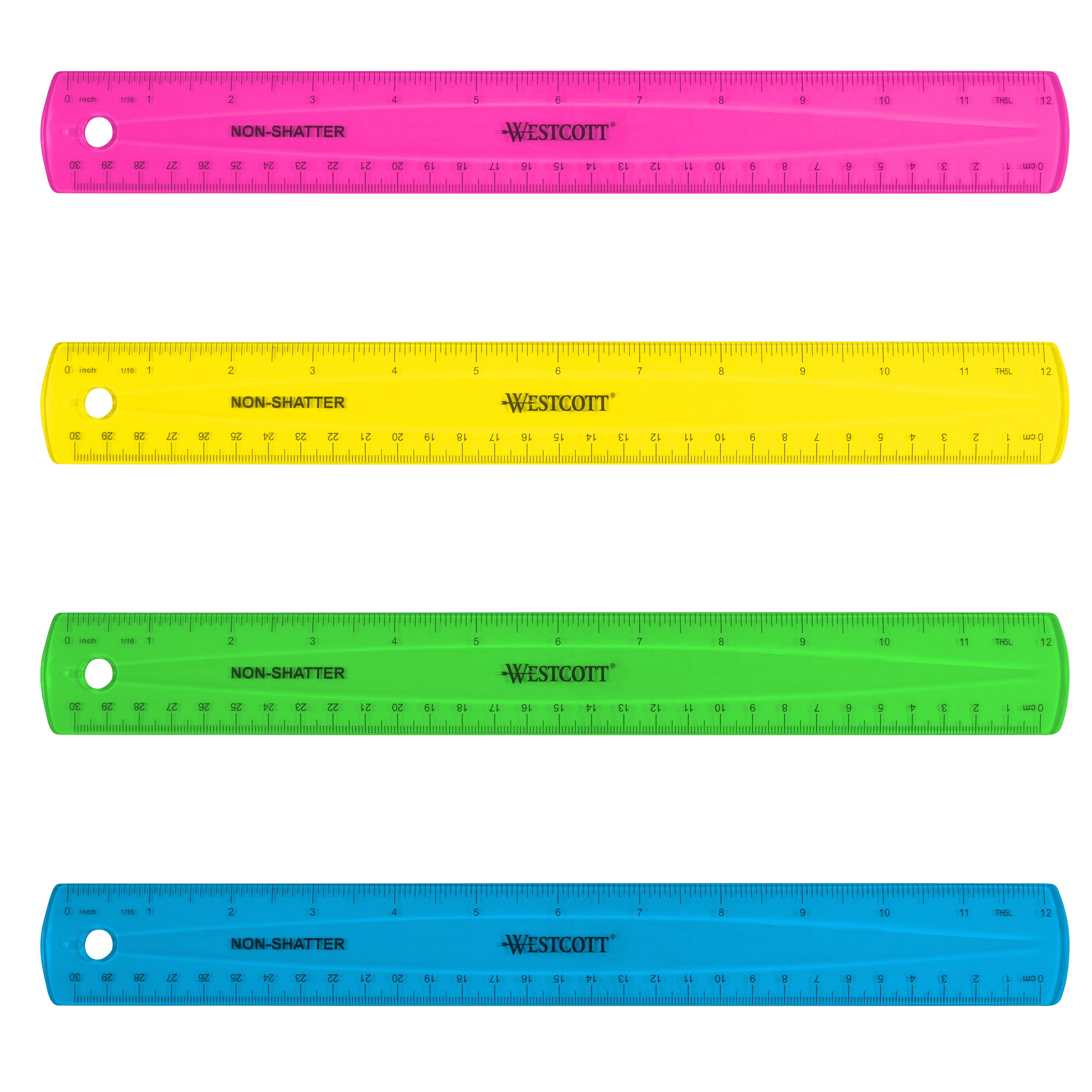 Westcott 12" Shatterproof Ruler, Multicolor, Plastic, Metric/Imperial for Middle School
