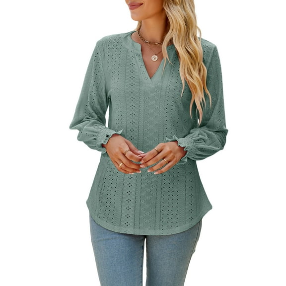 Women'S Casual Long Sleeve V-Neck Pullover Shirt Top Green XXL