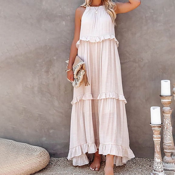 ClodeEU Women's Halter Neck Tiered Maxi Dress,Casual Flowy A-Line Sundress Beige,Women's Plus L