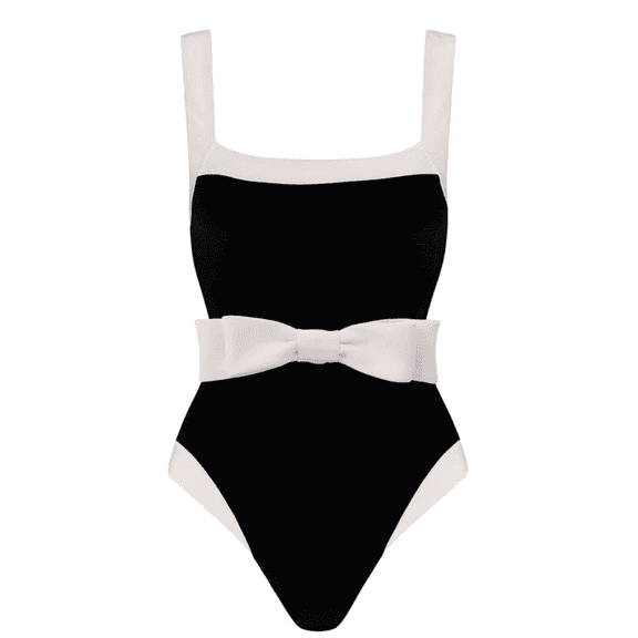 FLAXMAKER Women's One Piece Bow Belted Black and White One Piece Swimsuit and Tassel Skirt