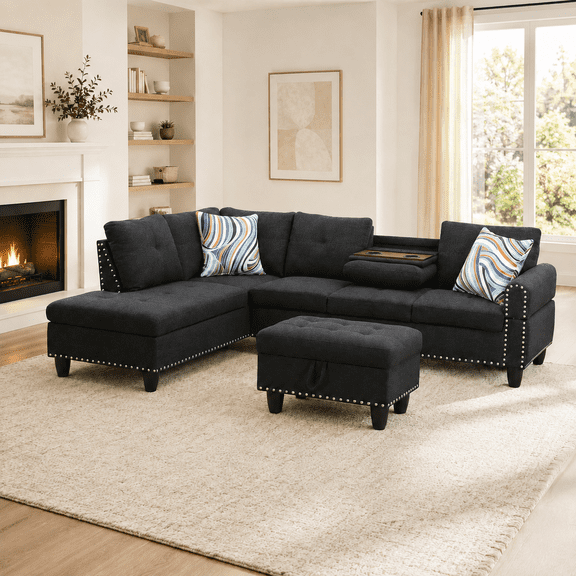 Sectional Sofa with Chaise, L Shape Couch with Ottoman Storage,Reversible Console, Cup Holder, for Living Room, Home Theater, Small Apartment, Modular Home Sofa Living Room Furniture Set, Black, Left
