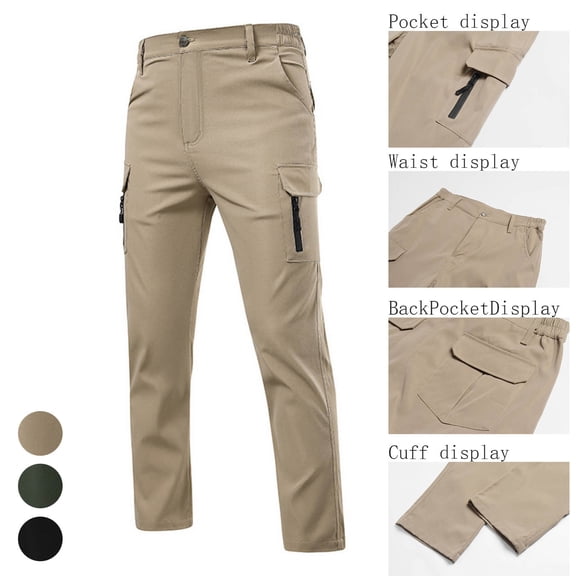 Mens Work Pants Water Resistant Ripstop Elastic Waist Outdoor Breathable Cargo Pants with Muti Tool Pockets Size XS-2XL Khaki