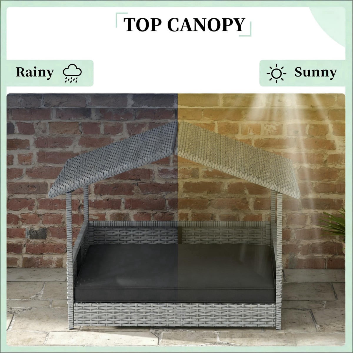 TOPCOMFY Rattan Dog House with Canopy Elevated Base Removable Cushion Weather Resistant Outdoor Indoor Pet Shelter