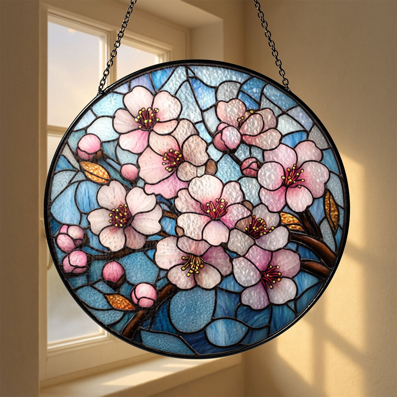 Faux stained glass cherry blossom panel, delicate floral window decor for bright interiors