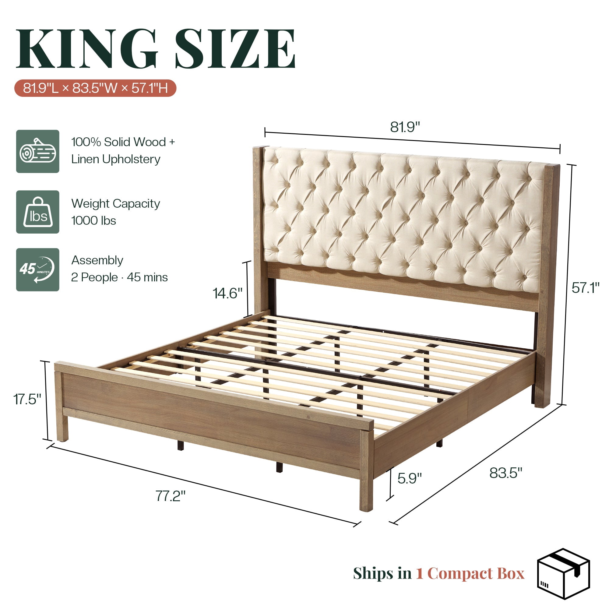 Merluxy Solid Wood King Size Bed Frame, 57" Tall Farmhouse Upholstered Line Wingback Headboard, Deep Button Tufted, Easy Assembly, Gray Wash