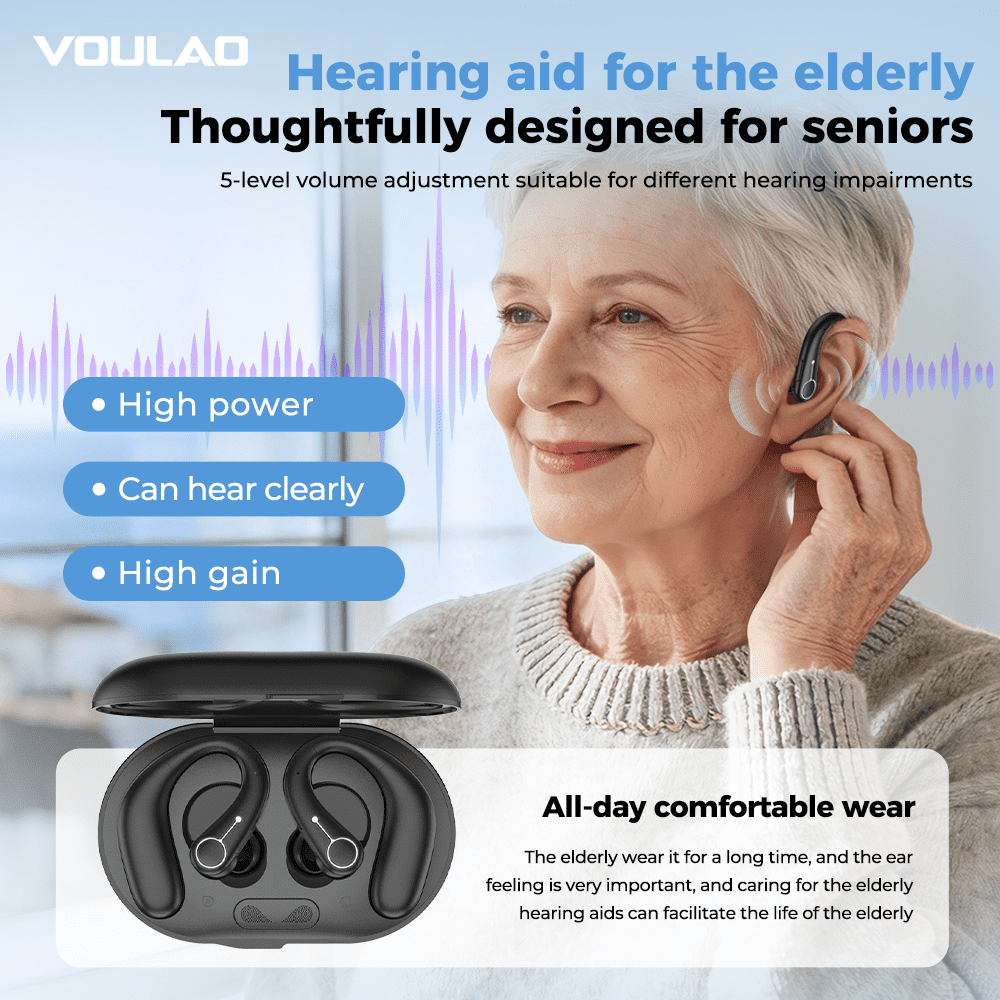 VOULAO F Open Ear Bluetooth Headphones, Rechargeable Wireless Earbuds with Clear Sound Enhancement and Noise Reduction for Seniors