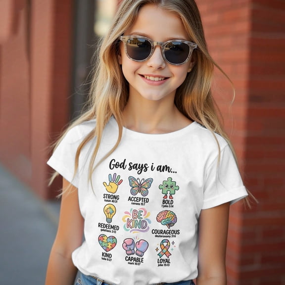 Girls God Says I Am Letter Graphic T-Shirt, Crew Neck Short Sleeve Casual Top, Soft Breathable Faith Inspirational Printed Tee For Little Teen Girls Daily Wear