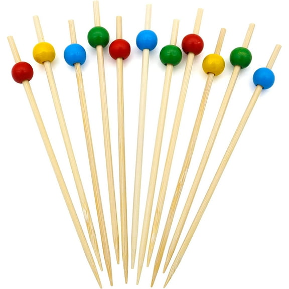 BLUE TOP 100pcs Colorful Wood Pearl Cocktail Picks for Drinks&Food,4.7Inch Fancy Cocktail Toothpicks for Appetizers/Fruit/Cakes/Cheese,Food Picks,Decorative Bamboo picks for July 4th Parties,Bar