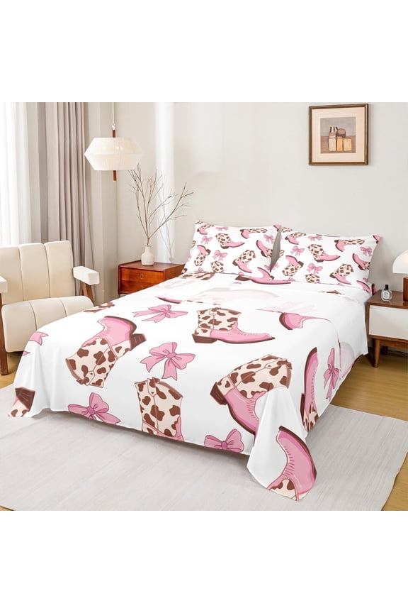 Pink Boot Queen Sheet Sets, Western Cactus Sheet Set Queen, Cowboy Cowgirl Bed Sheets Set Queen Size, Lightweight Bedroom Decoration, 4pcs