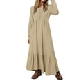 thumbnail image 5 of vigerkar Women's Linen Maxi Dress Long Sleeve Casual V-Neck Tiered Ruffle Dress Boho Beach Pleated Long Dress Beige, XL, 5 of 9