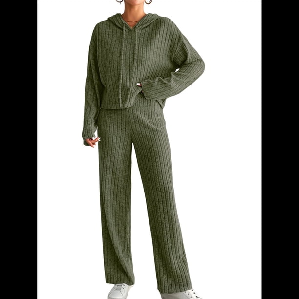 Conjuntos de Salón para Mujer, Pijamas de 2 Piezas A Juego, Moda de Otoño, Conjuntos de Punto Acanalado, Chándales Casuales de Larga Verde S