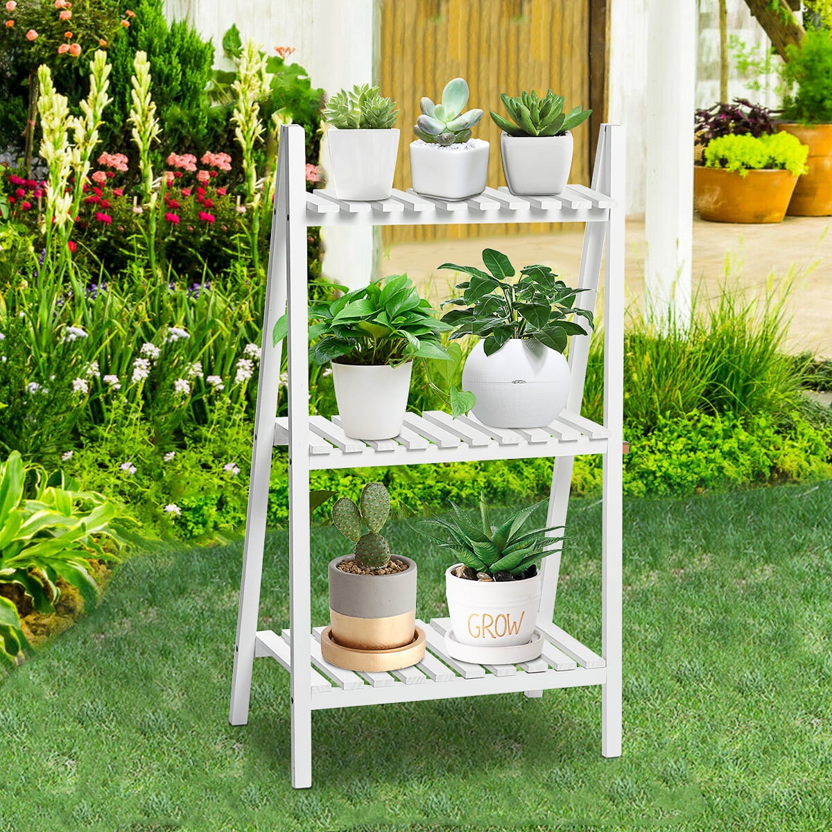 Wooden Folding Plant Stand, Ladder Flower Pot Display Rack Bookcase