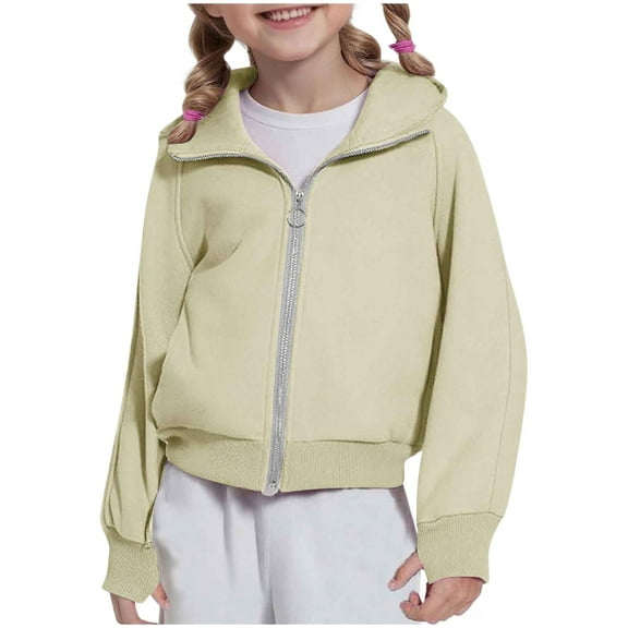 SERTG Kids Zip Up Cropped Hoodies Long Sleeves Casual Sweatshirts Fall Winter Jacket With Pockets Thumb Hole for Children 4-12 Years(Beige#1,9 Years)