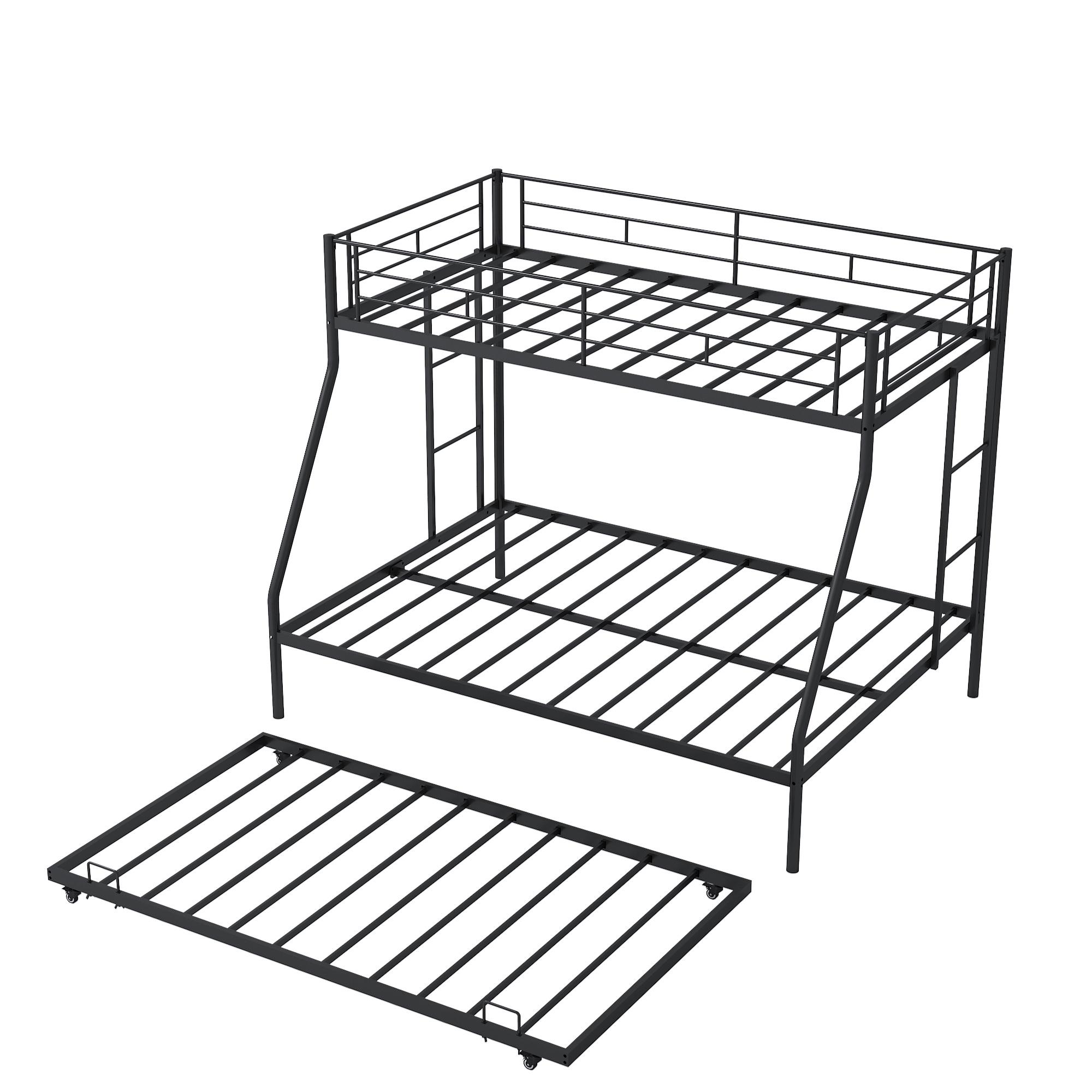 Metal Twin Over Full Bunk Beds with Trundle Bed, UHOMEPRO Twin Over Full Bunk Beds for Kids Adults Teens, Dorm Room Bunkbed with Trundle, 2 Ladders, CPC Certification, No Box Spring Needed, Black
