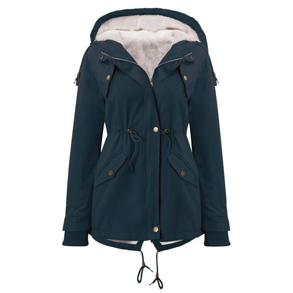 gakvbuo Faux Hooded Jacket For Women Hooded Thicken Fleece Lined Parkas Drawstring Waist Plus Size Coats Solid Long Sleeve Winter Outdoor Zip Up Jackets With Pockets