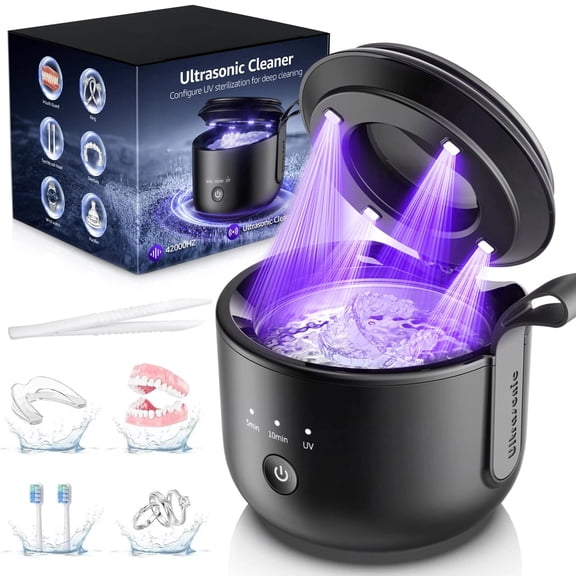 Skdwakiz Ultrasonic Cleaner, 48kHz Rechargeable Cordless Jewelry Denture Cleaner Machine, 200ML Cleaning Pod for Jewelry, Rings, Glasses, Mouth Guard, Waterproof UV Cleaner with Digital Timer