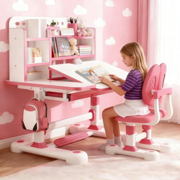 YNCE Desk for Kids, Kids Desk and Chair Set Height Adjustable for Girls, Kid Study Table and Chair Set with Widened Desktop Storage Drawer (Pink #8)