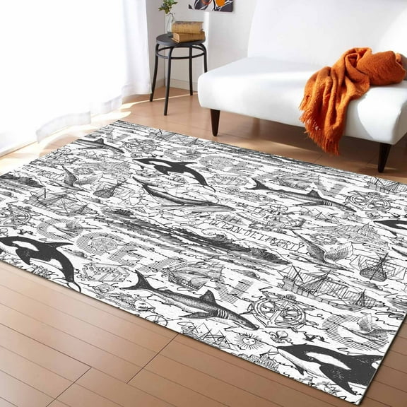 Area Rugs Indoor Non-Slip Rectangle Rug 2x3 Ft Summer Ocean Black Shake Vintage Ocean Map Rug Rubber Backing Floor Mats Non Shedding Home Decor Carpet for Entryway Living Room