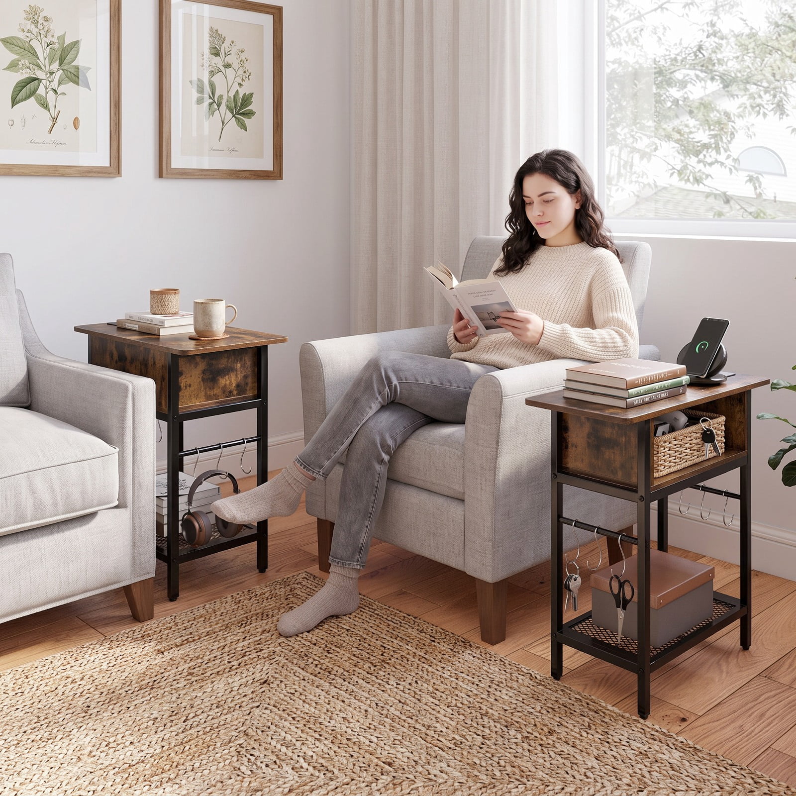 Furnibear Set of 2 End Table with Charging Station and Hidden Compartment USB Type C Ports and Bottom Shelf for Living Room Bedroom, Rustic Brown