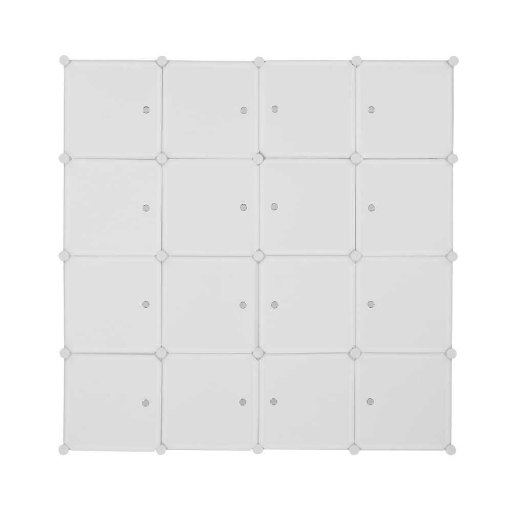 4-layer 16 Cube Organizer Stackable Cube Storage, Plastic + Steel Wire with 3 Clothes Rails, Free to Assemble, White