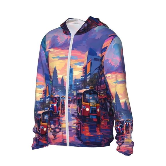 Uemuo Taxi Colorful Town Pattern Women's Full Zip UPF 50  Sun Protection Hoodie Jacket Long Sleeve Sun Shirt Hiking Outdoor Performance with Pockets-
