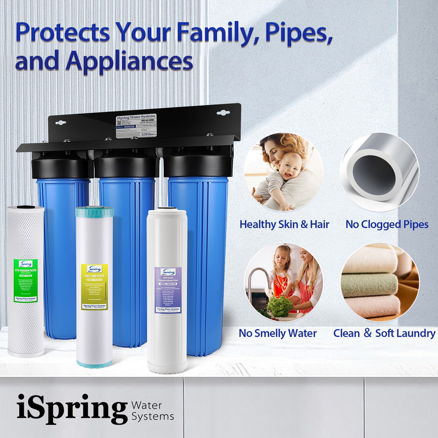 iSpring Whole House Water Filter System w/ Polyphosphate Anti-Scale, GAC+KDF, and Carbon Block Water Filters, 3-Stage Water Descaler and Water Filter, Model: WGB32B-KDS