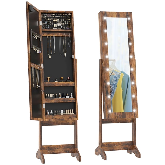 Free Standing Jewelry Armoire Organizer with 16 LED Lights, Rustic Brown MDF Full Length Mirror Cabinet, 3-Level Adjustable Angle Storage for Bedroom and Dressing Room, 53.5"H