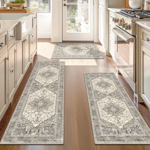 Boho Washable Kitchen Rugs Sets of 3, Non Slip Kitchen Mats for Floor with Rubber Backing, Waterproof & Stain Resistant Carpet Runner Throw Rug for Kitchen, Laundry Room, Hallway, Beige Grey