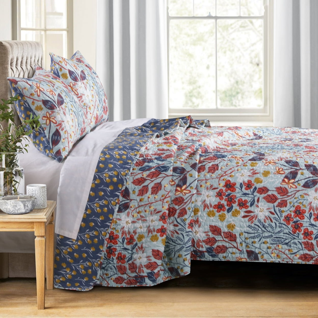 King Size 3 Piece Polyester Quilt Set with Floral Prints, Multicolor