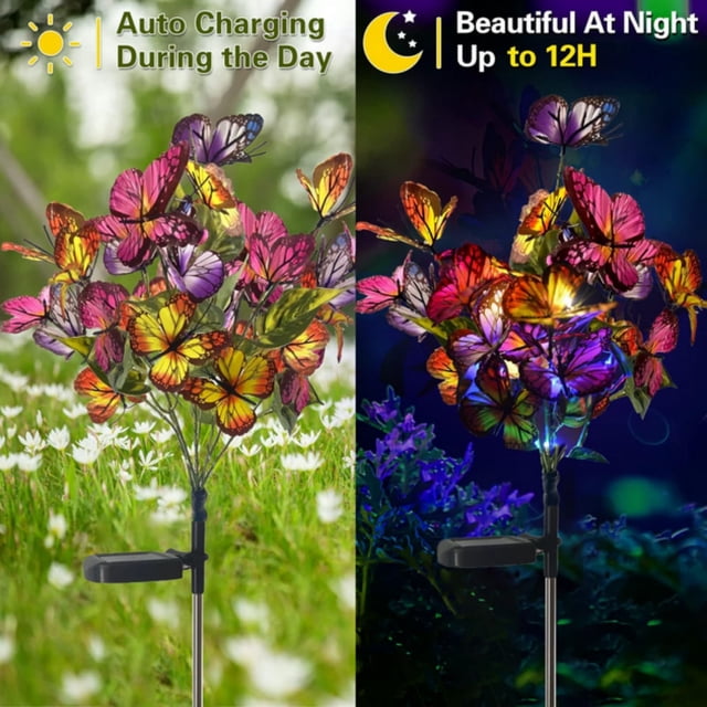 Luces solares LED para jardín con estaca, luces decorativas exteriores con diseño de mariposa colorida, alimentadas por energía solar, iluminación automática de anochecer a amanecer.