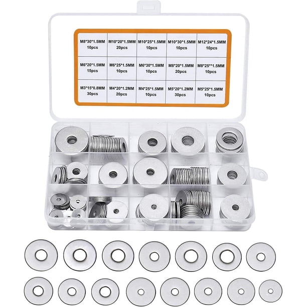 Surtido de arandelas planas de acero inoxidable 304 de 225 piezas, arandelas planas m3 M4 M5 M6 M8 M10 M12 para sellar tornillos, anillos de sellado, vienen con caja (gris)