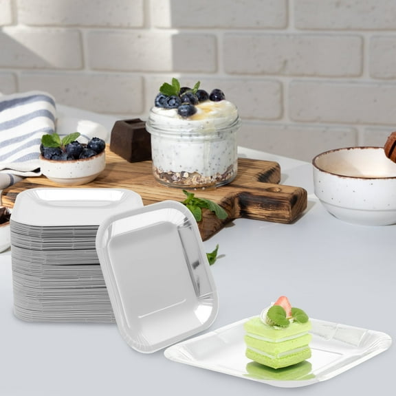 lkoopy 200PCS 7.4 Inch Paper Disposable Square Plates, Elegant Cake Dessert Plates, Versatile Appetizer Paper Tableware for Graduation Birthday Wedding Anniversary Party Supplies (Silver)