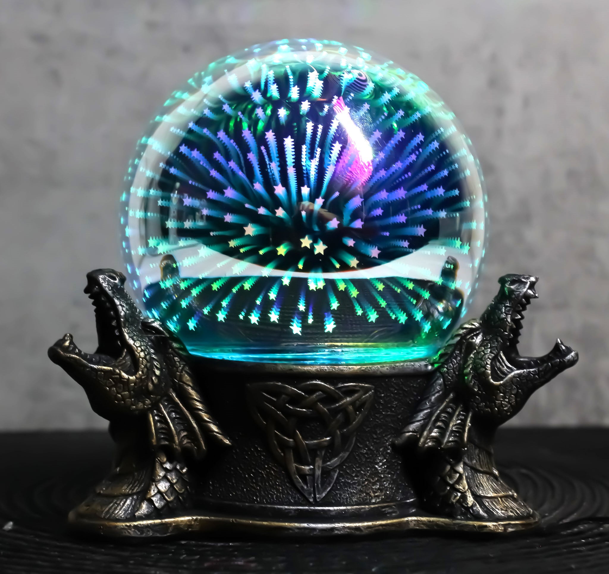Celtic Trinity Knotwork Roaring Dragons LED Night Light Magic Stars Glass Ball