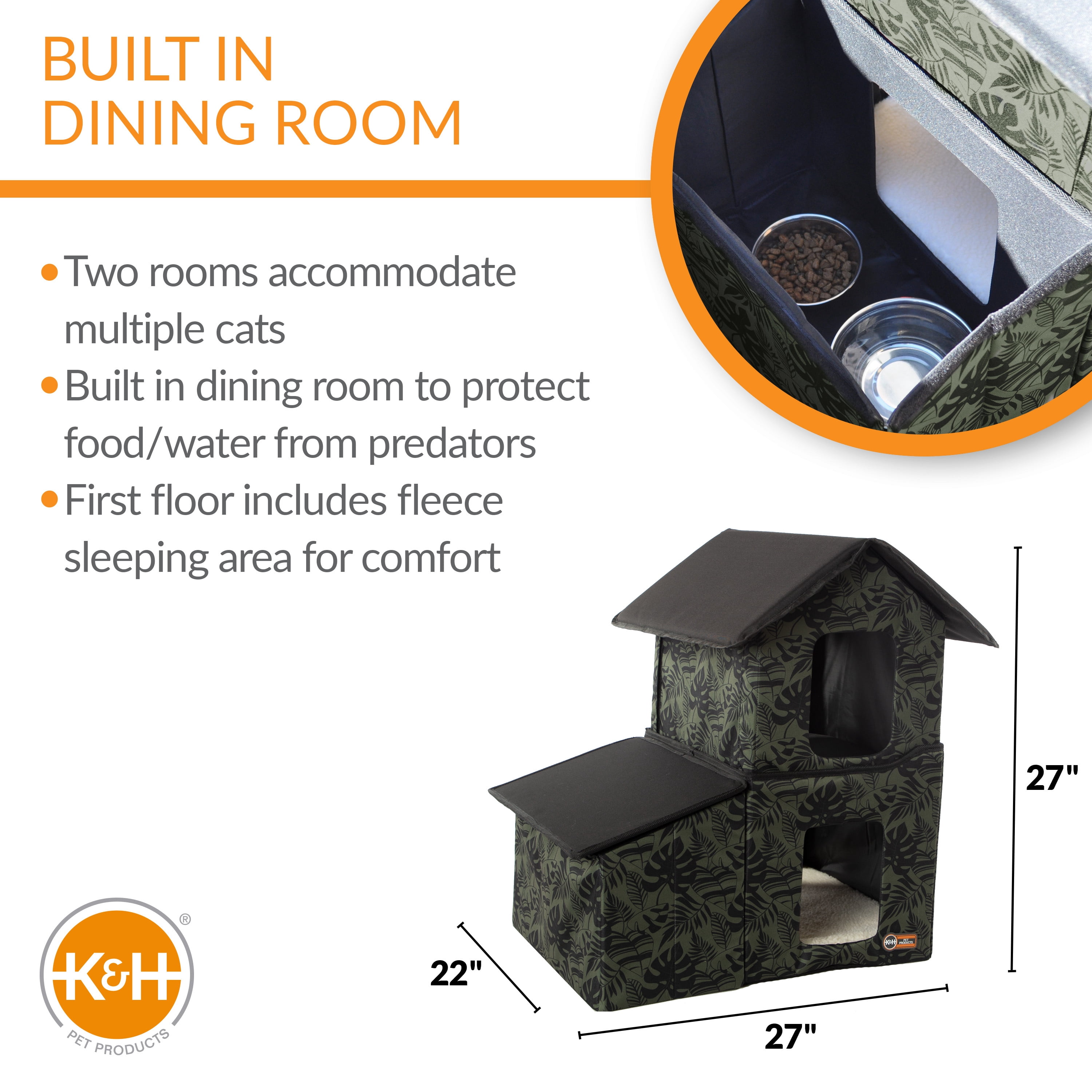 K&H Pet Products Two-Story Outdoor Kitty House with Dining Room Unheated Green Leaf 22 X 27 X 27 Inches
