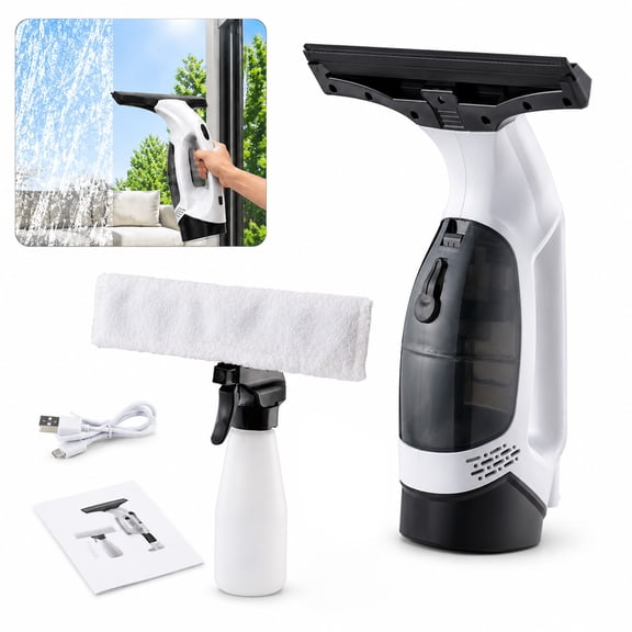 Naeqieo Window Vacuum Squeegee Cordless, 2000Pa Electric Window Cleaner Tool with 2200mAh & 150ml Water Collection Tank, 300ml Spray Bottle, for Glass Doors, Tiles, Mirrors, Car