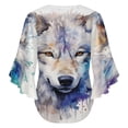 thumbnail image 6 of Watercolor Wolf Portrait Women's V-Neck Blouse With 3/4 Ruffled Bell Sleeves Casual Top Ladies Blouses, 6 of 7