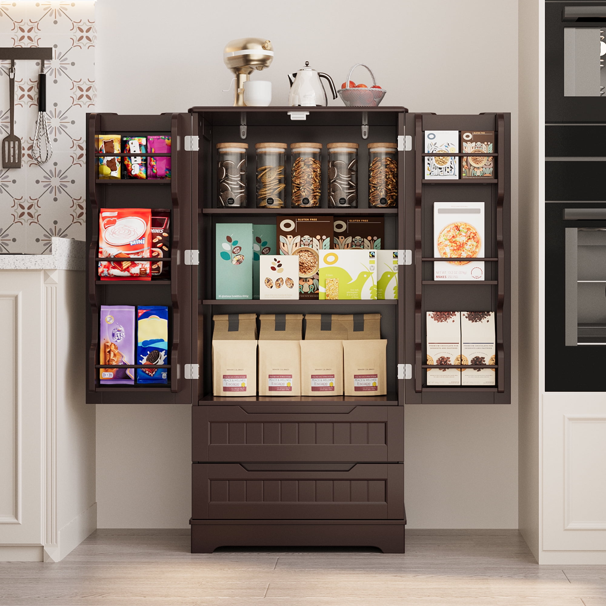 Pantry Cabinet, Lofka 47" Modern Kitchen Cabinet with 2 Shelves, 2 Drawers & 6 Side Door Shelves - Durable, Moisture-Resistant & Easy to Install, Dark Brown