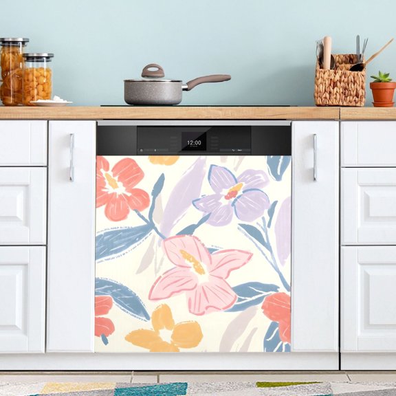 Pastel Flowers and Leaf Dishwasher Magnet Cover Magnetic Fridge Door Cover Home Kitchen Decor 23"x 26"
