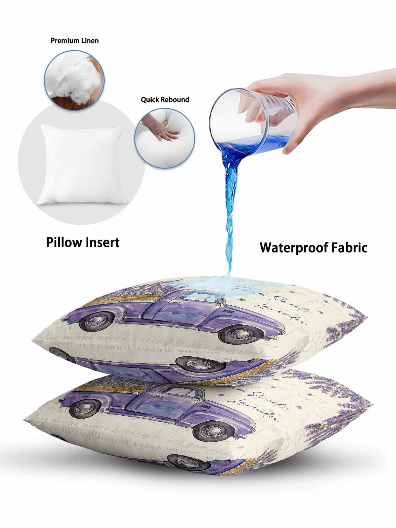 1 Pack Outdoor Throw Pillow, Spring Floral Waterproof Pillow with Insert Included, Purple Lavender Truck Flowers Botanical Beige Decorative Accent Cushion Sofa Pillows for Patio Porch, 18 x 18 In
