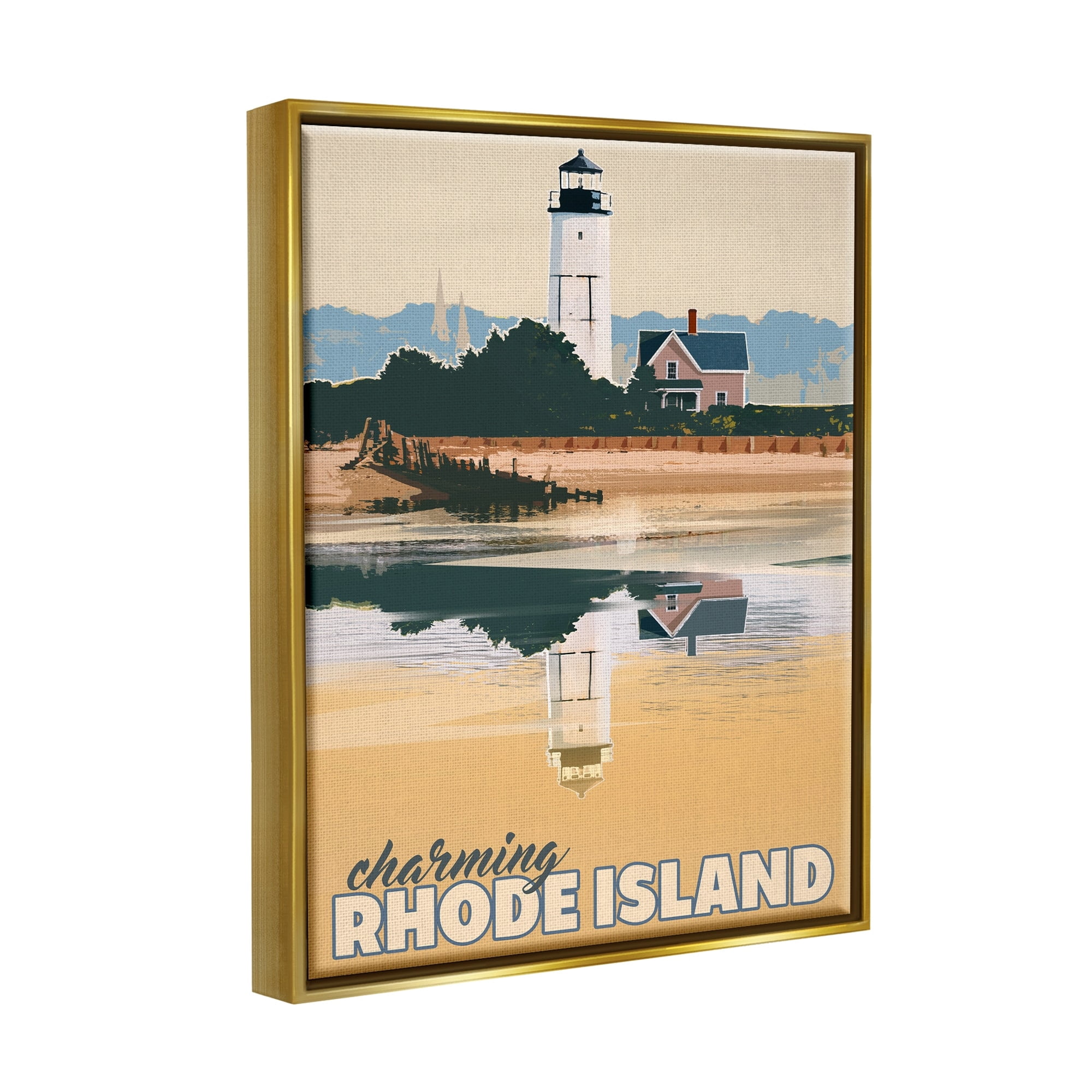 Stupell Industries Travel Charming Rhode Island Seaside Lighthouse Beacon Graphic Art Metallic Gold Floating Framed Canvas Print Wall Art, Design by David Owens Illustration