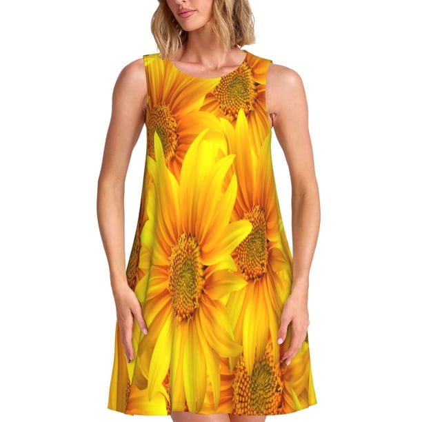 Easygdp 3D Sunflowers para Vestido Transpirable de Mujer, Vestido Suelto de Manga Corta con Pliegues y Bolsillos para el Verano