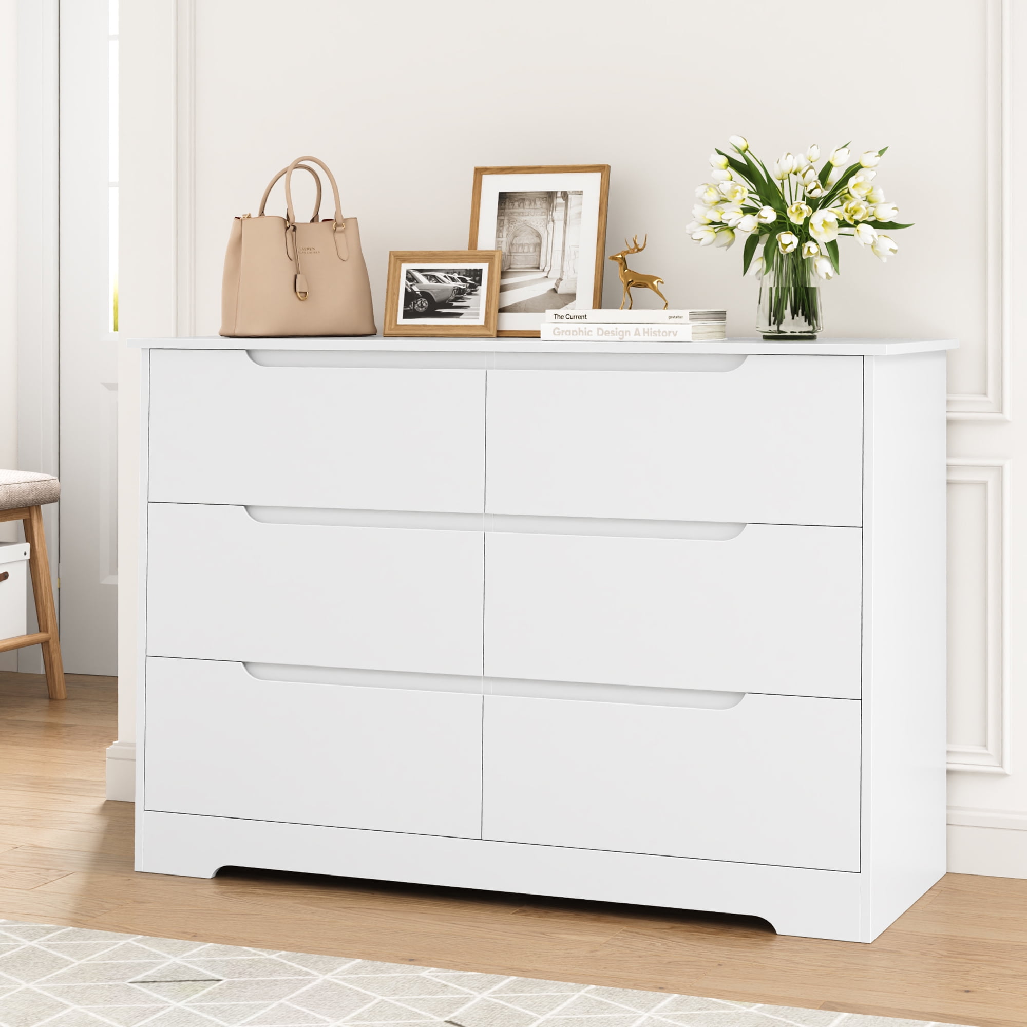 Homfa 6 Drawer White Dresser for Bedroom, Modern Chest of Drawers Wood Storage Cabinet for Living Room Kitchen Office