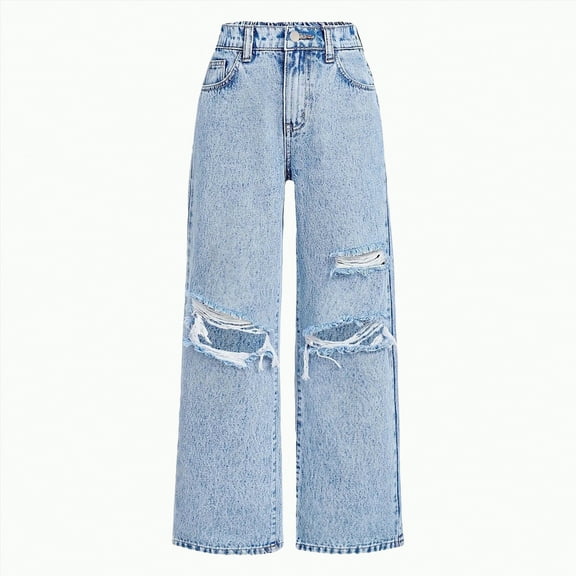 Hessimy Girls Straight-Leg Ripped Holes For Kids Little Fall Flare Denim Pants Big Girls Sport Active Pant Little Girl Basic Minimalist (Light Blue,7-8 Years)