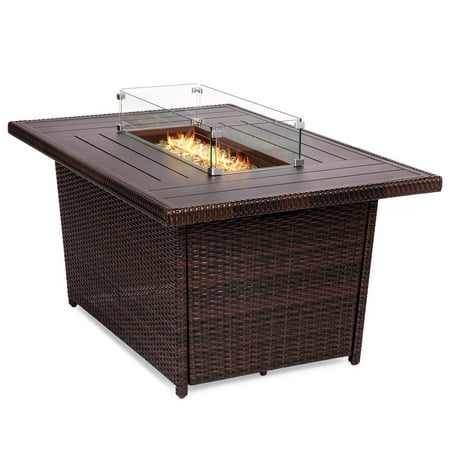 Best Choice Products 52in Outdoor Wicker Propane Gas Fire Pit Table for Patio, 50,000 BTU w/ Aluminum Tabletop, Glass Wind Guard, Clear Glass Rocks, Cover, Slide Out Tank Holder, Lid -