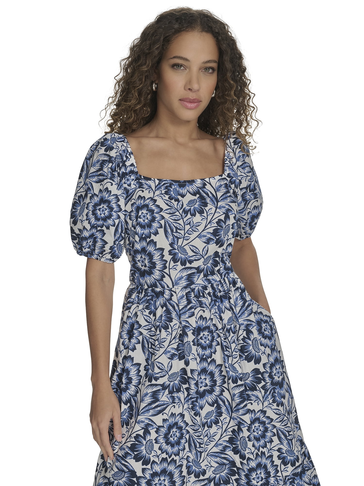 falling sun square neck short puff sleeve tiered midi dress Falling Flowers Women's Cotton Square Neck Puff Sleeve Flounce Tiered Midi  Dress, Sizes XS-XL