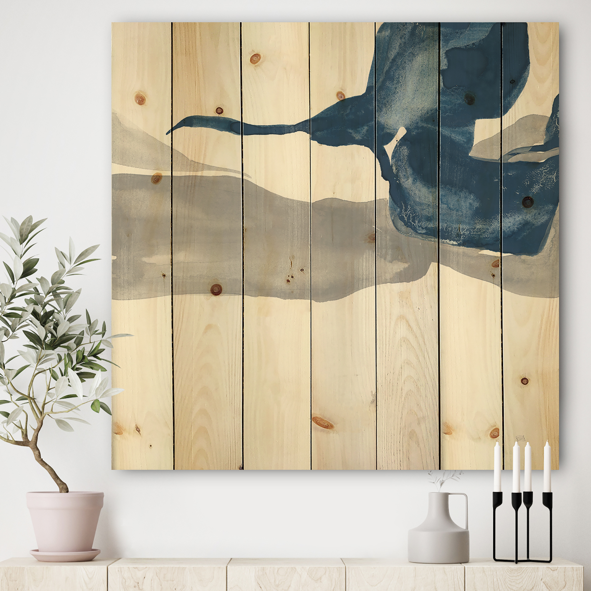 Designart 'Gouache Sapphire on Gray IV' Modern & Transitional Print on Natural Pine Wood