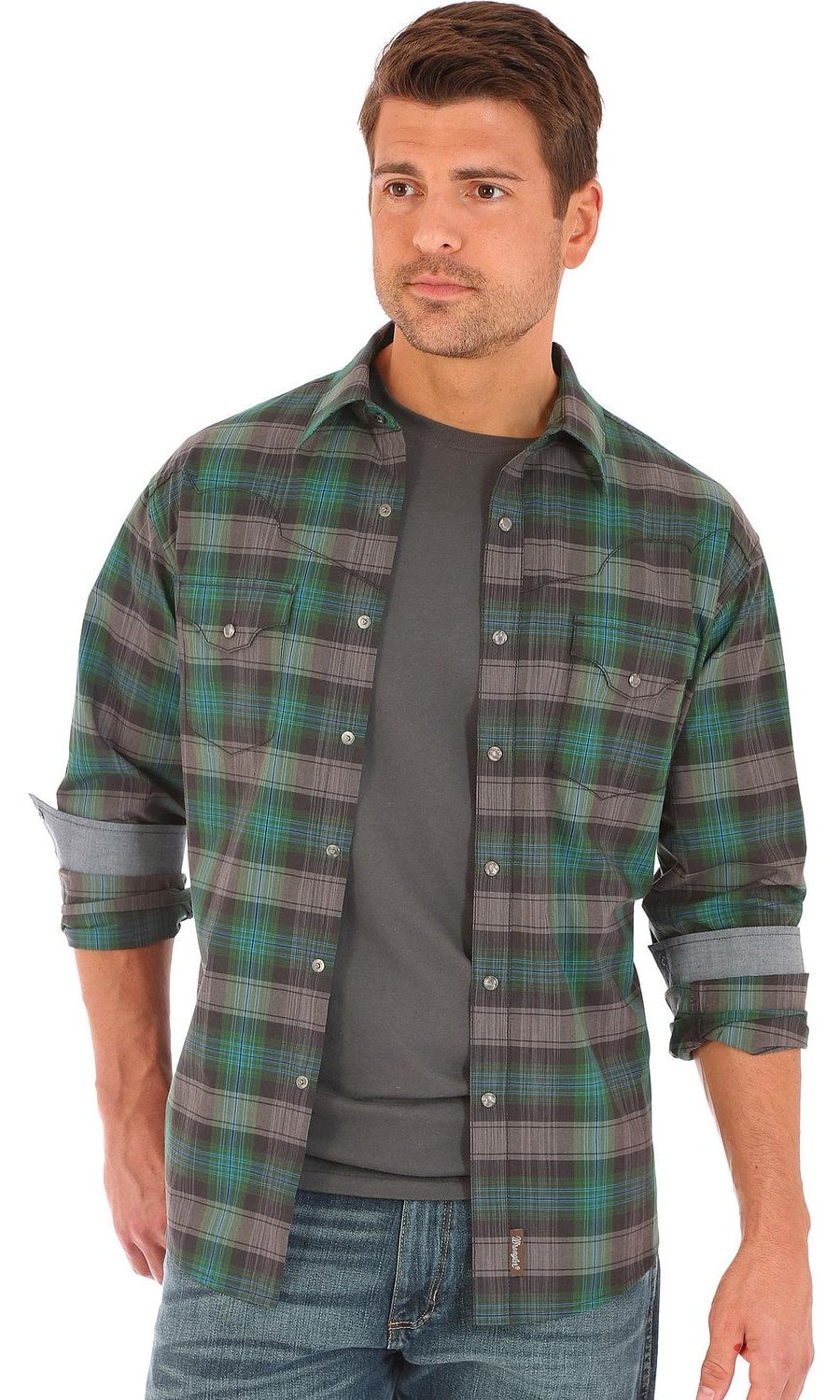 Wrangler - Men's Retro Dark Plaid 2 Pocket Long Sleeve Snap Shirt