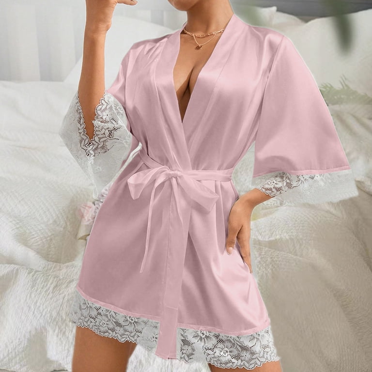 pink short dressing gown Pink blush Bridal robe with White lace Bride short kimono robe Bridesmaid satin robes Bridal shower gifts for sister Bride dressing gown