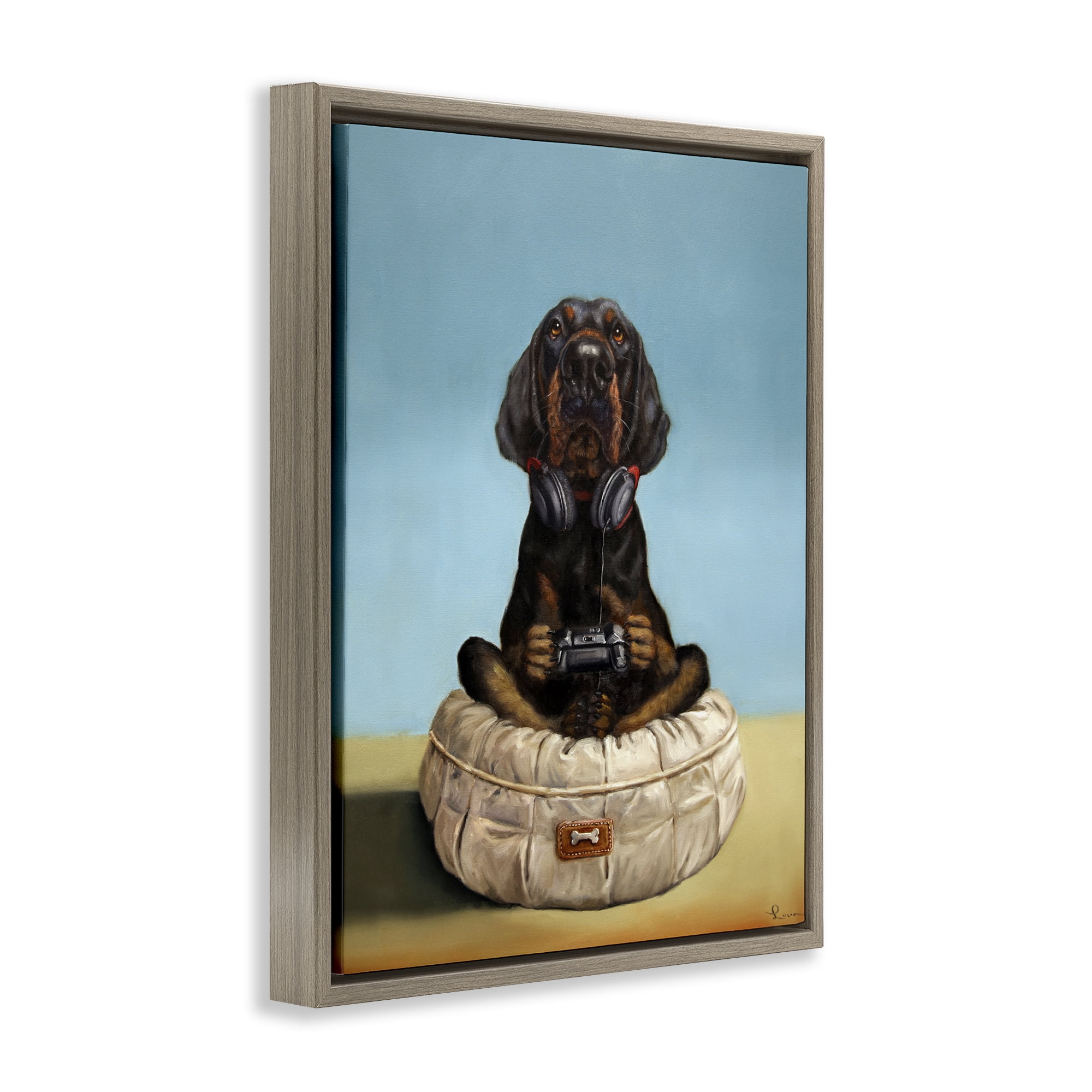Stupell Industries Game Boy Playing Dog Brown Framed Floater Canvas Wall Art, design by Lucia Heffernan